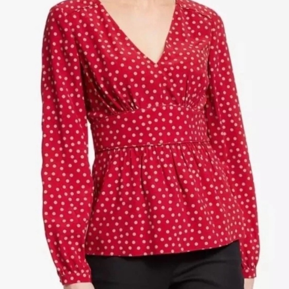 Boden Women’s Elsie Shirt Red Polka Dot Long Sleeves V Neck Tan Blouse Top, 18R